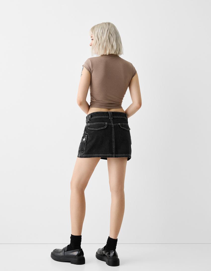 Mini-jupe denim cargo-Noir-1