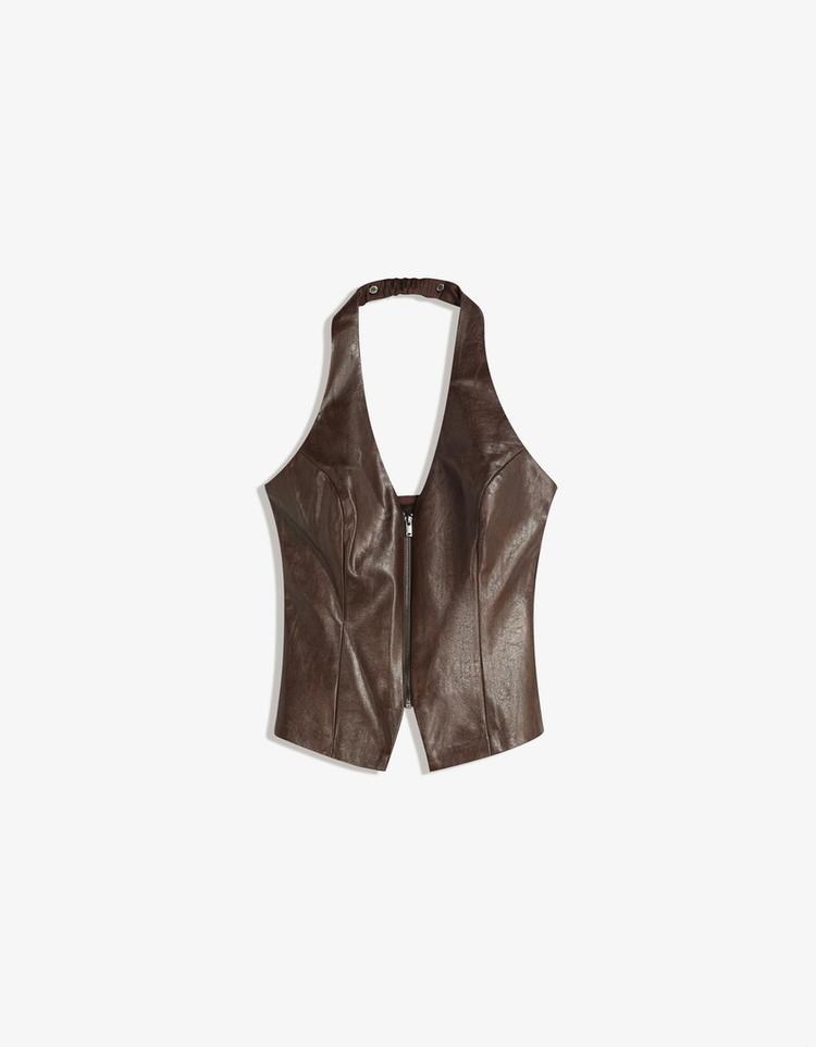 Leather effect halter top with zip