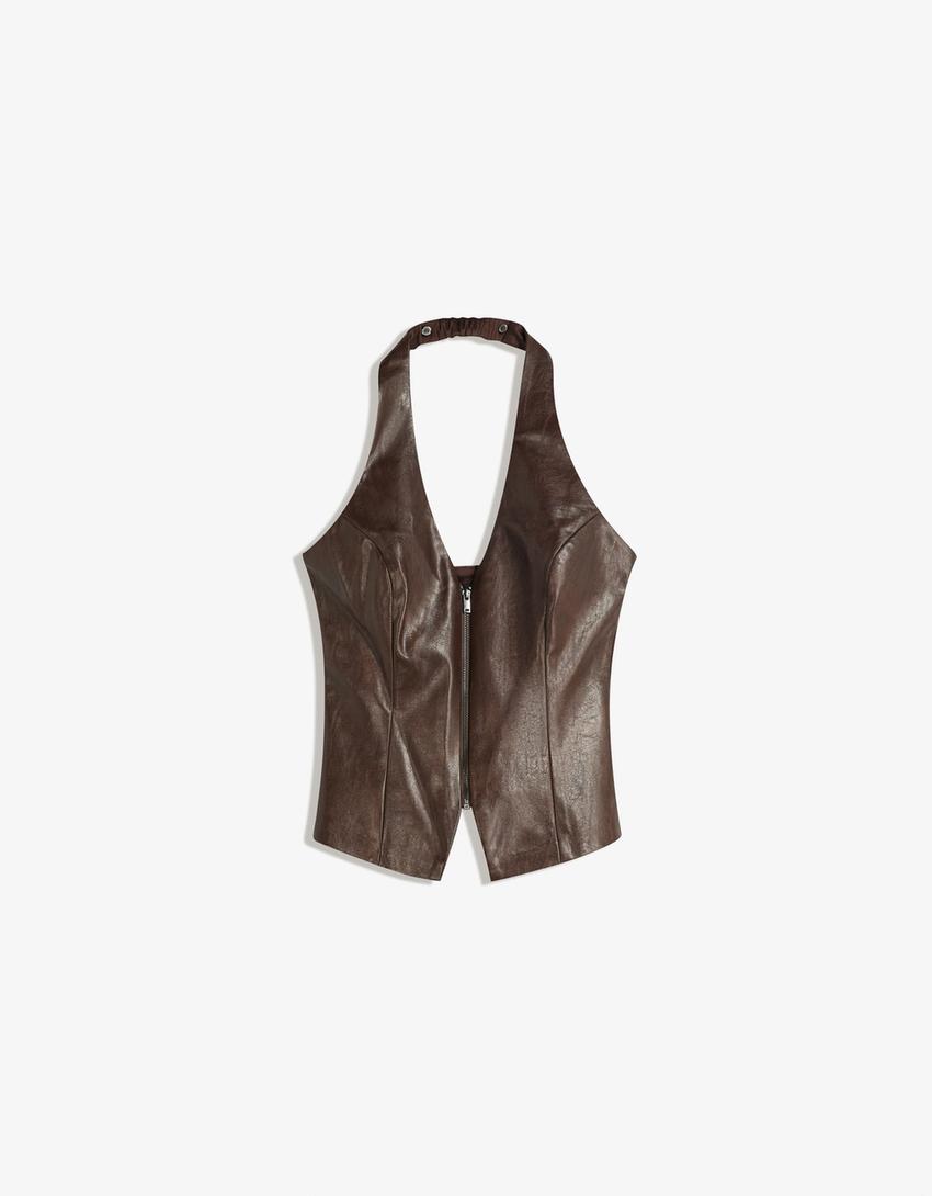 Leather effect halter top with zip-Brown-3