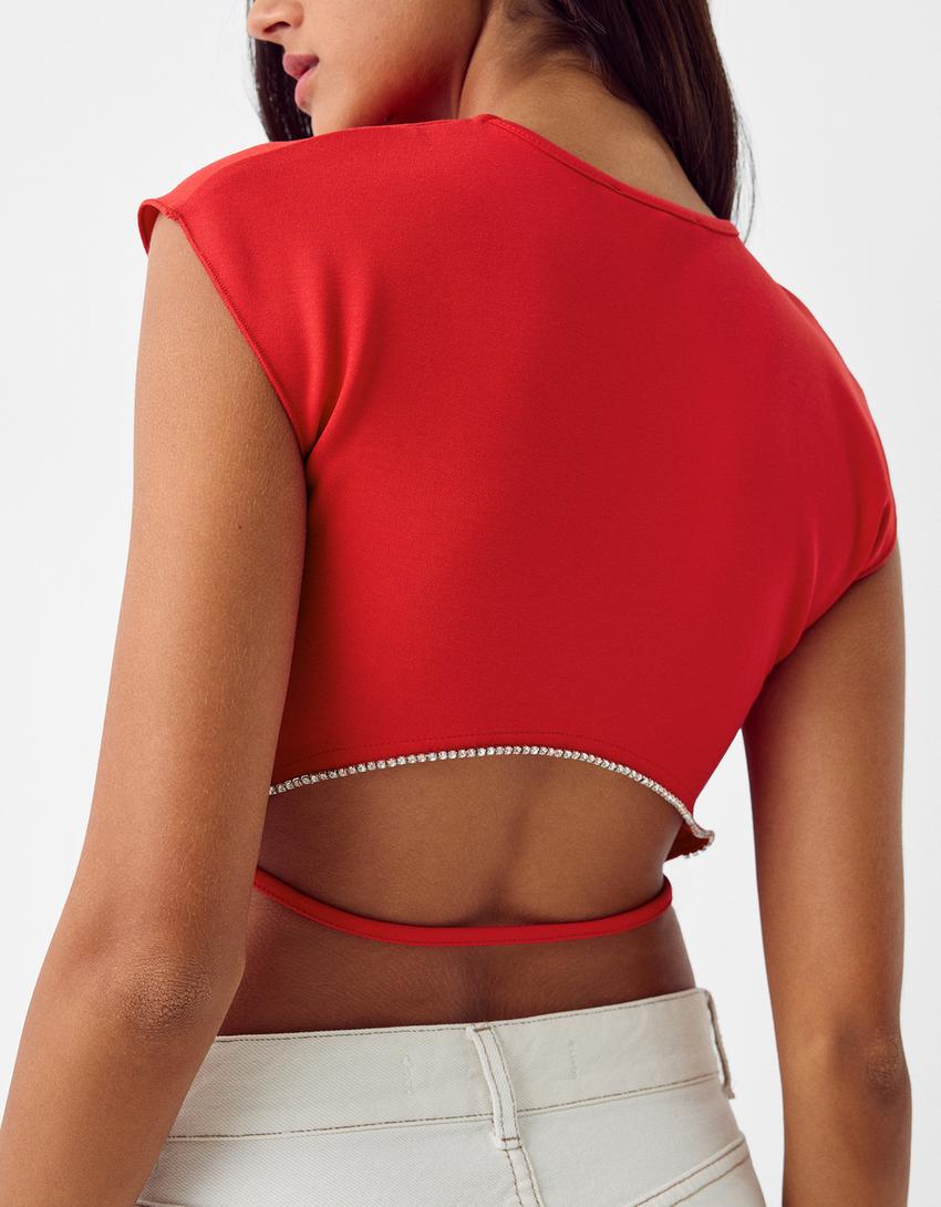 تيشرت بأكمام قصيرة وأحجار تزيينية-أحمر-2