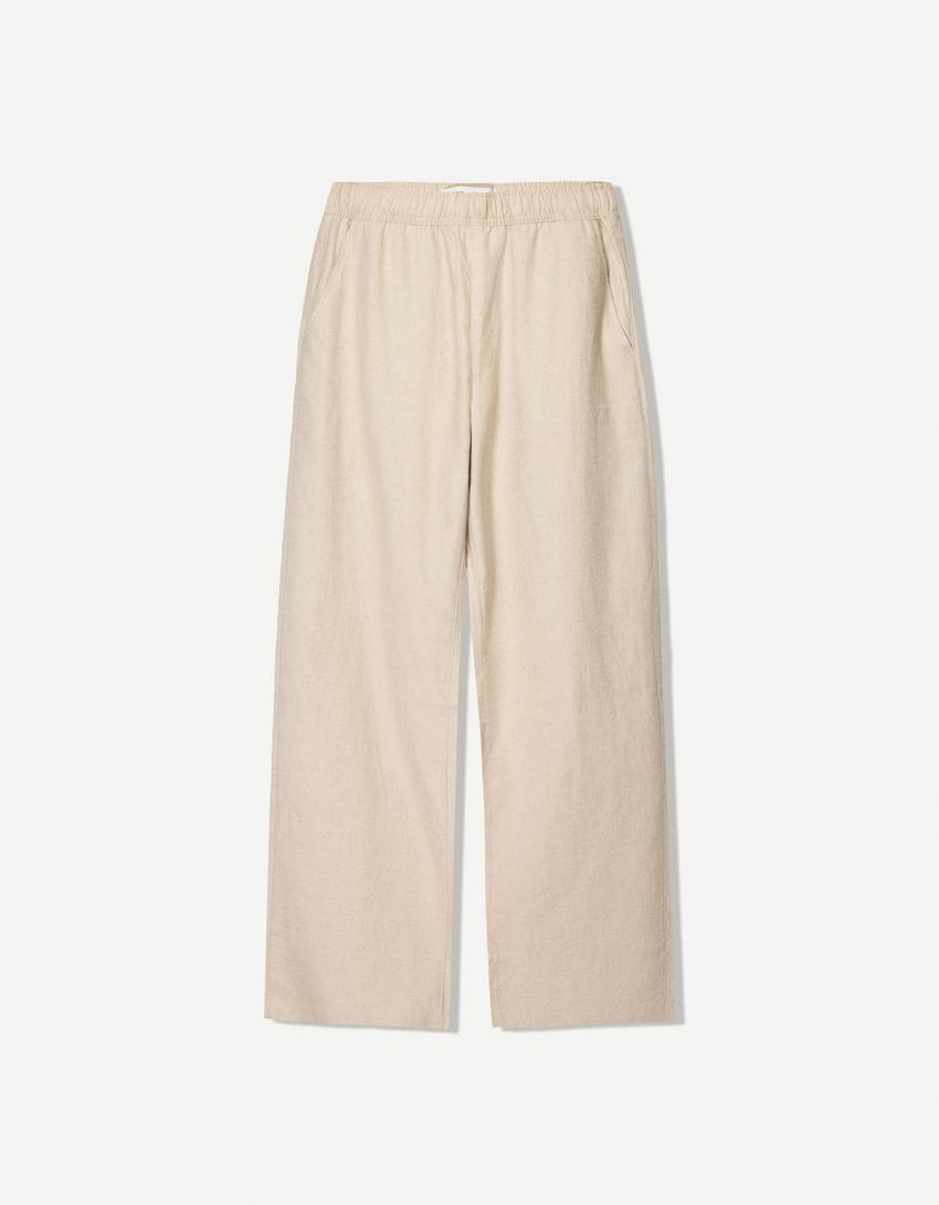 Wide-leg linen blend jogger trousers-Sand-3