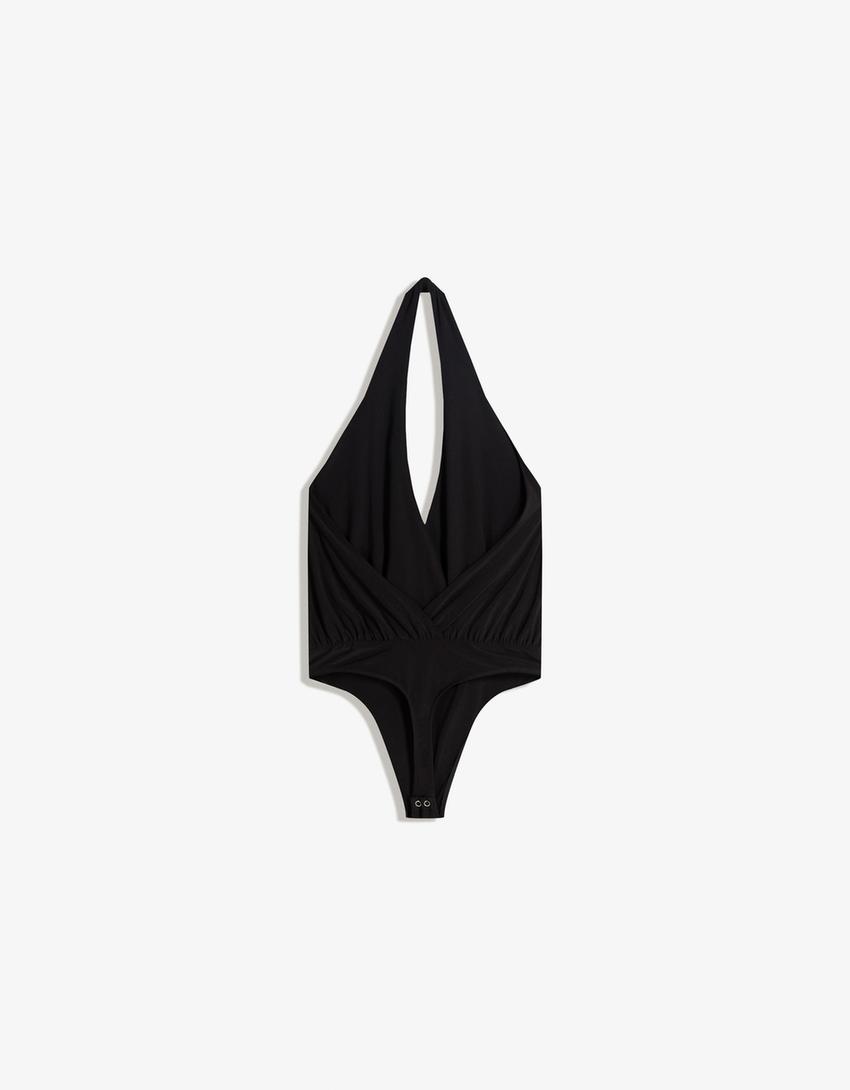 Drapierter Neckholder-Body-Schwarz