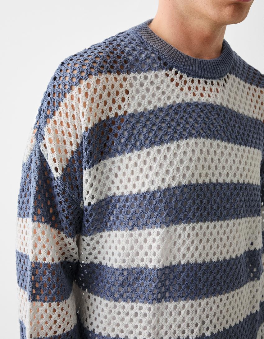 Pull texturé à rayures-Bleu-5