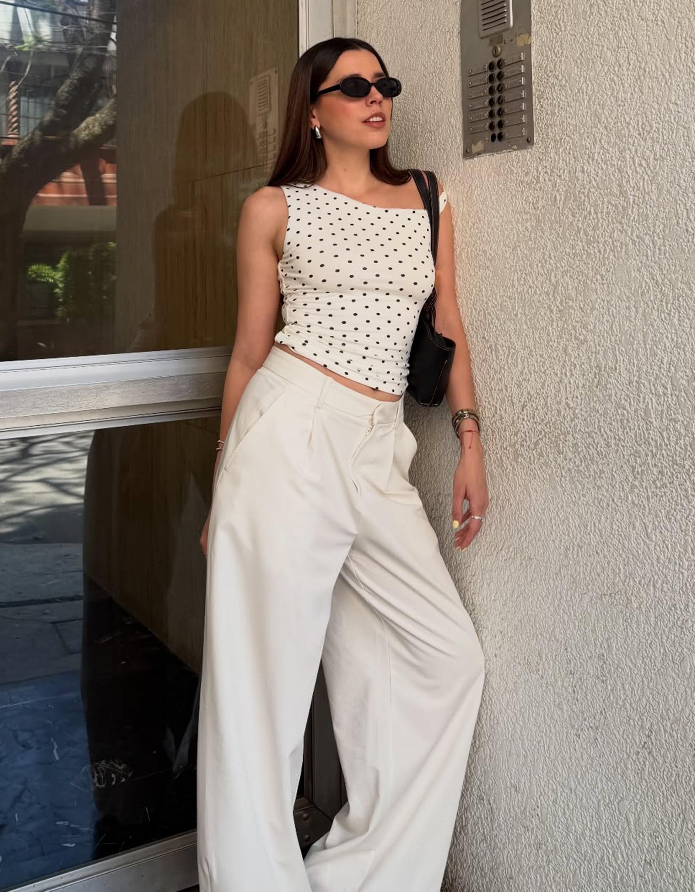 Bershka Top Asimétrico Lunares Mujer L Blanco