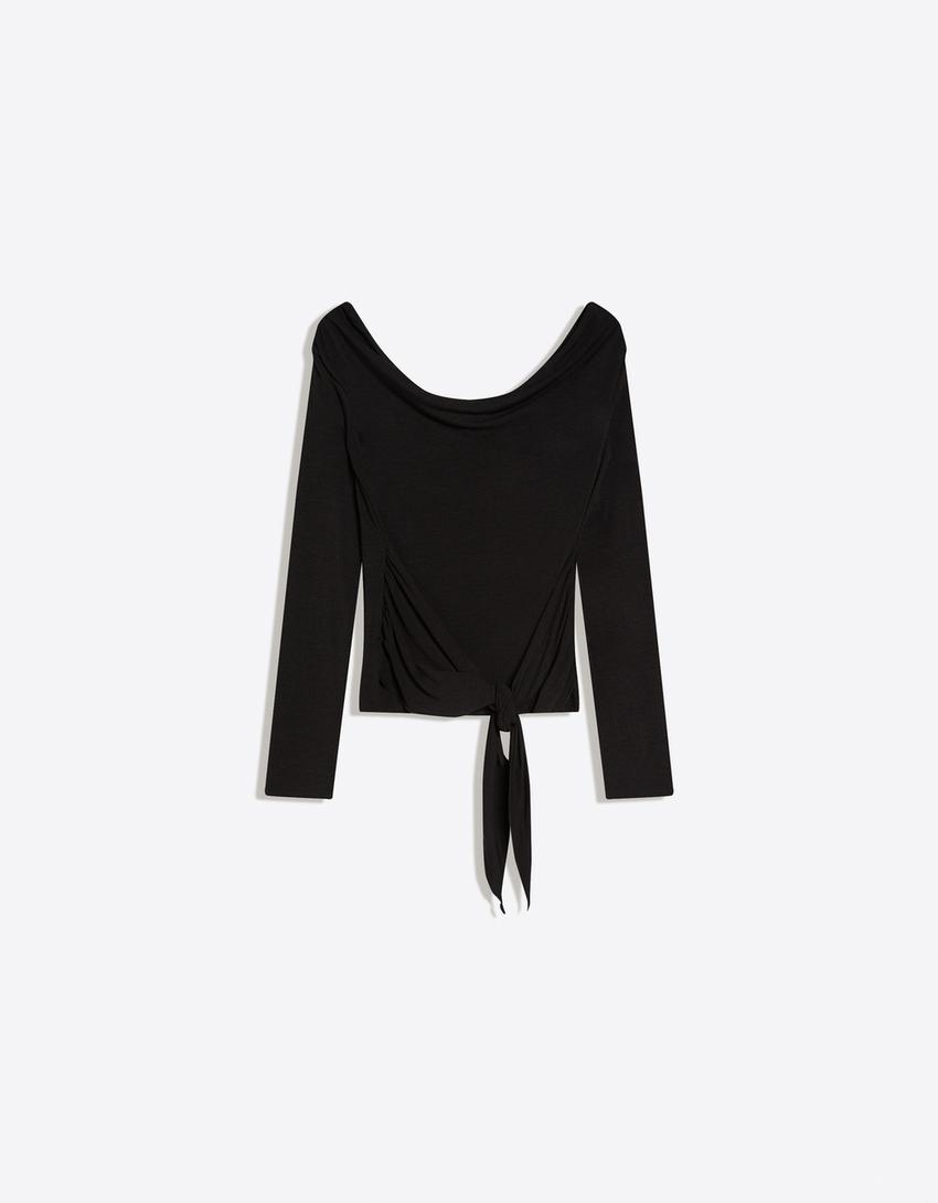Long sleeve asymmetric tied T-shirt-Black