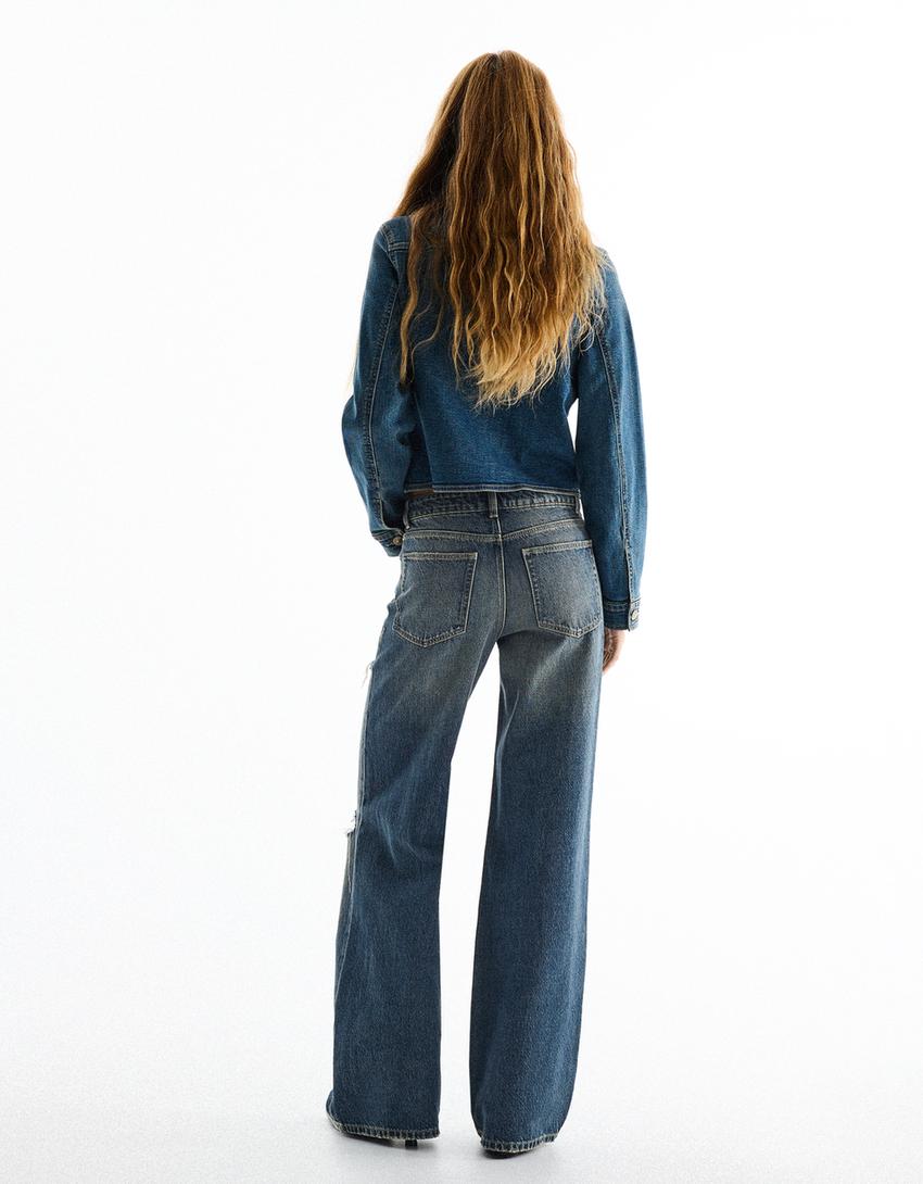 High-waist wide-leg vintage wash jeans-Light blue