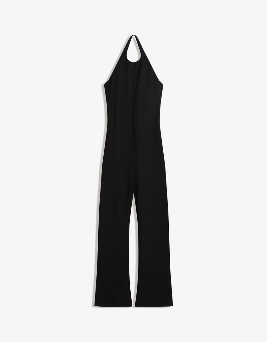 Combinaison longue ajustée à strass-Noir