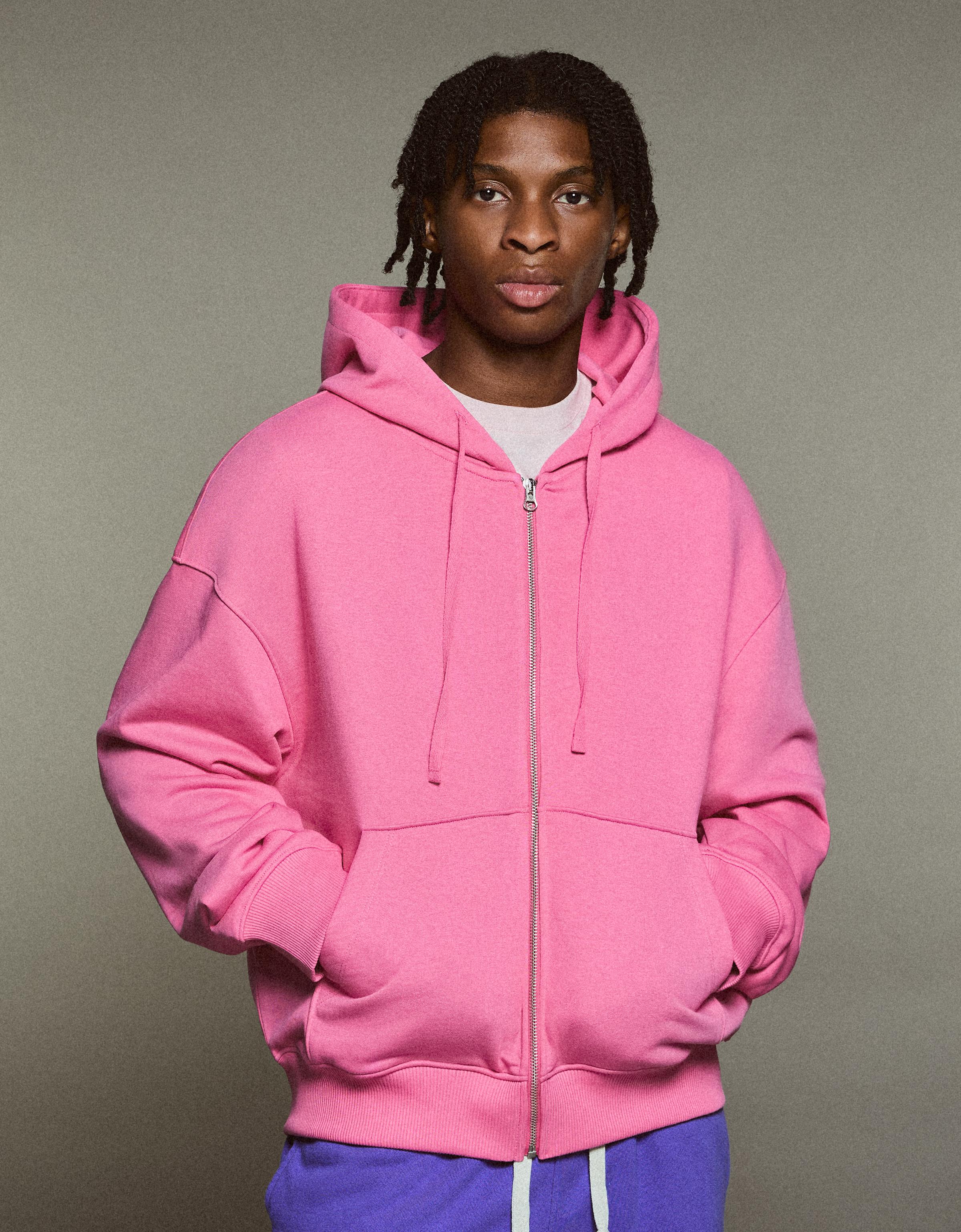 Bershka Sudadera Cremallera Capucha Hombre Rosa