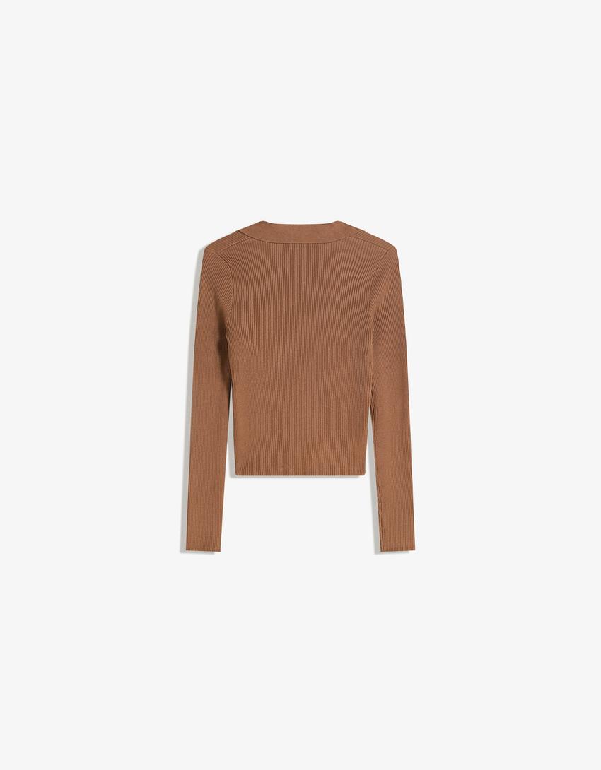 Ribbed polo collar sweater-Brown
