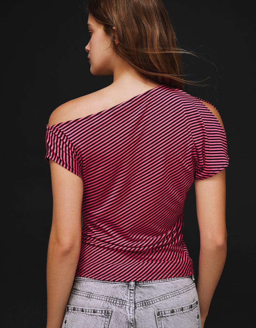 Asymmetrisches T-Shirt mit Print-Fuchsia