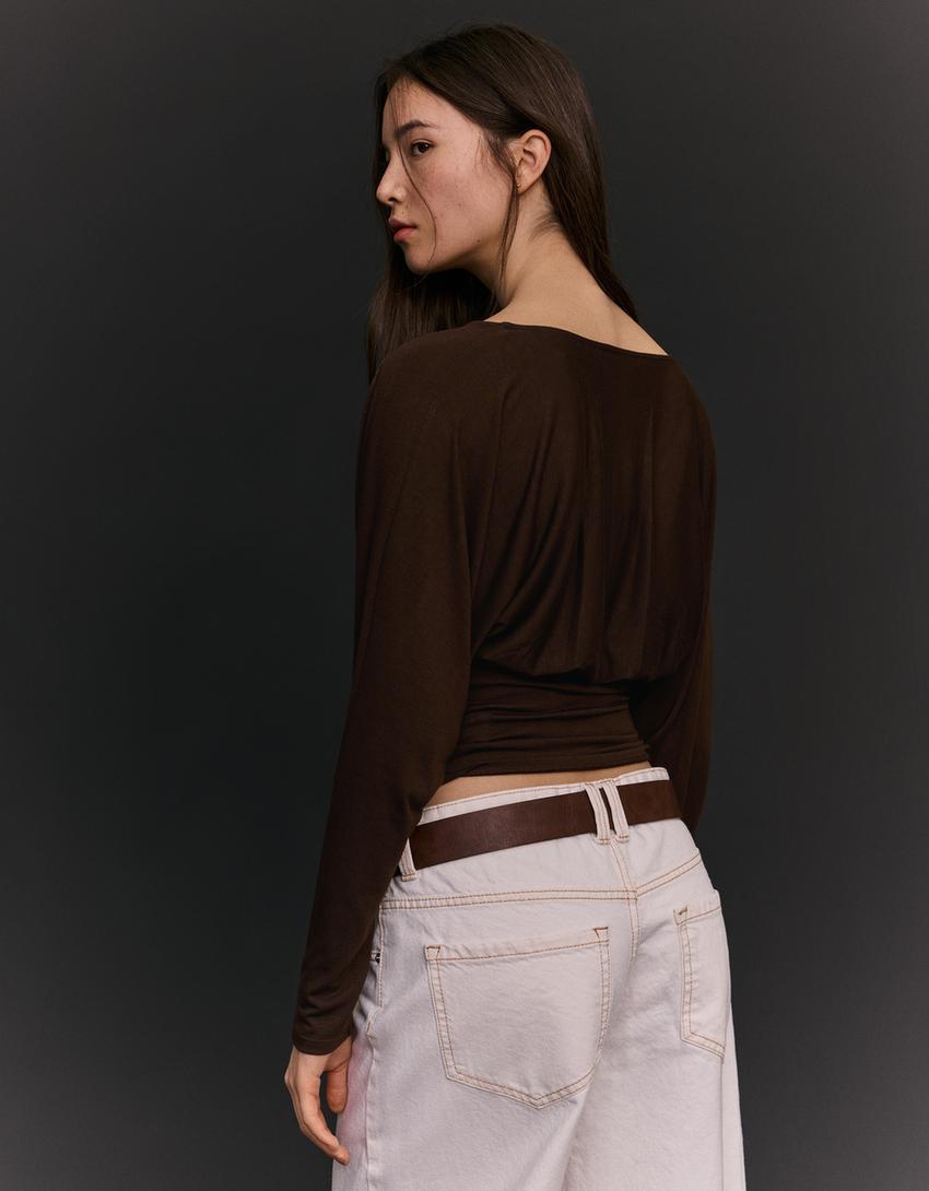 Langarmshirt mit Raffung-Braun