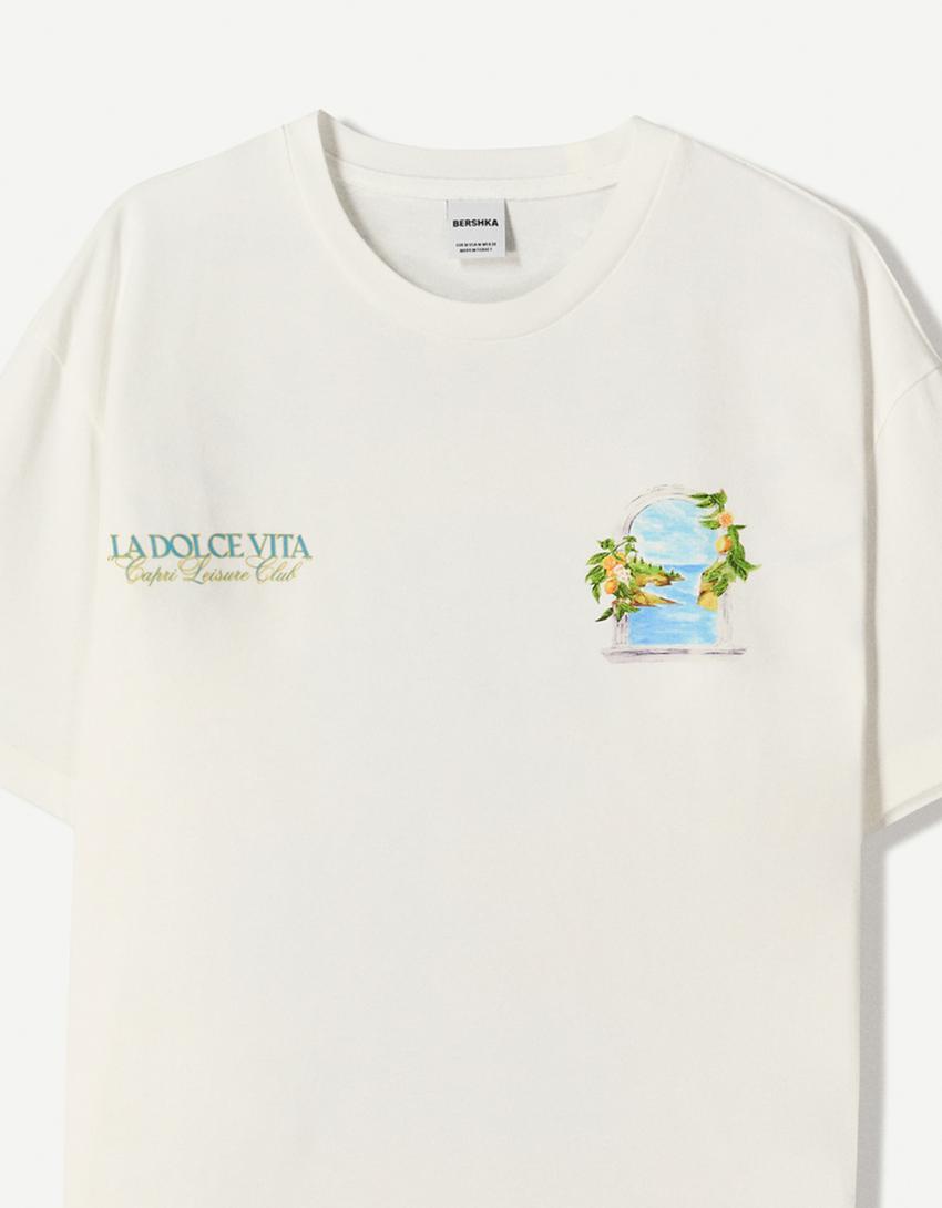 تيشرت بأكمام قصيرة وطبعة-أبيض مطفي