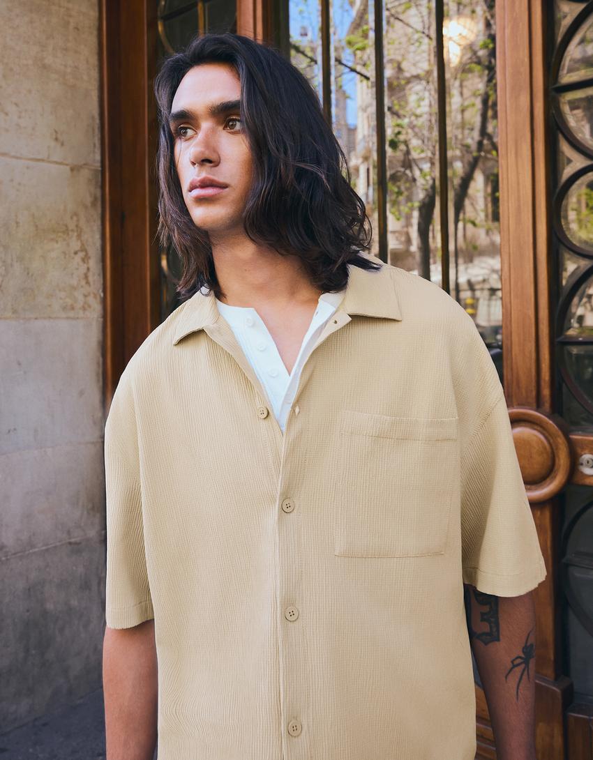 Pleated short sleeve boxy shirt-Sand