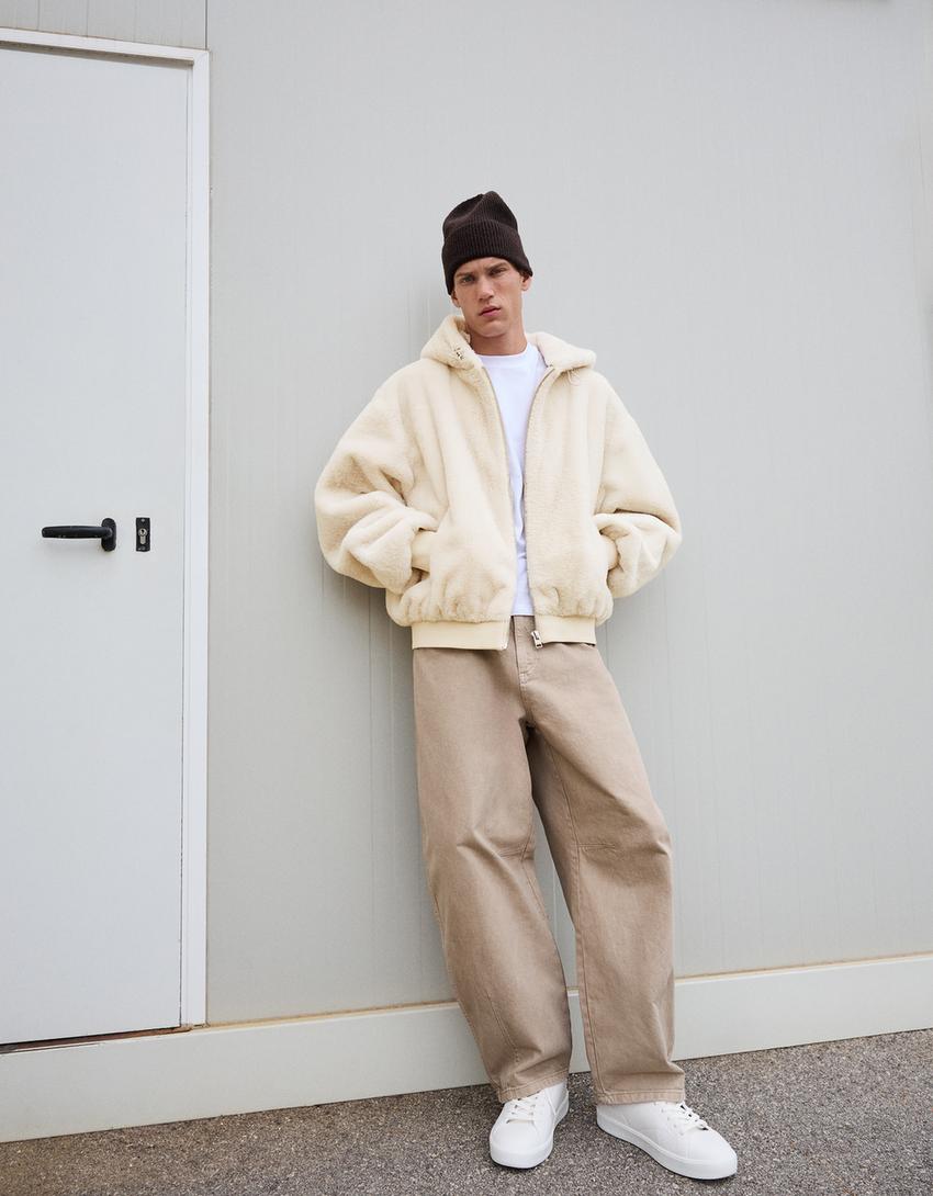 Hooded faux fur jacket-Cream
