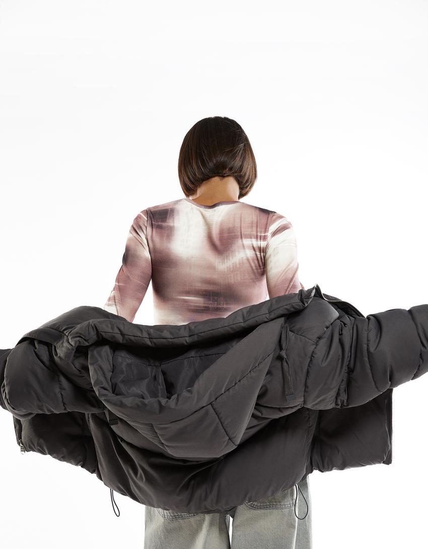 Uzun kollu desenli fitilli t-shirt-Krem-1