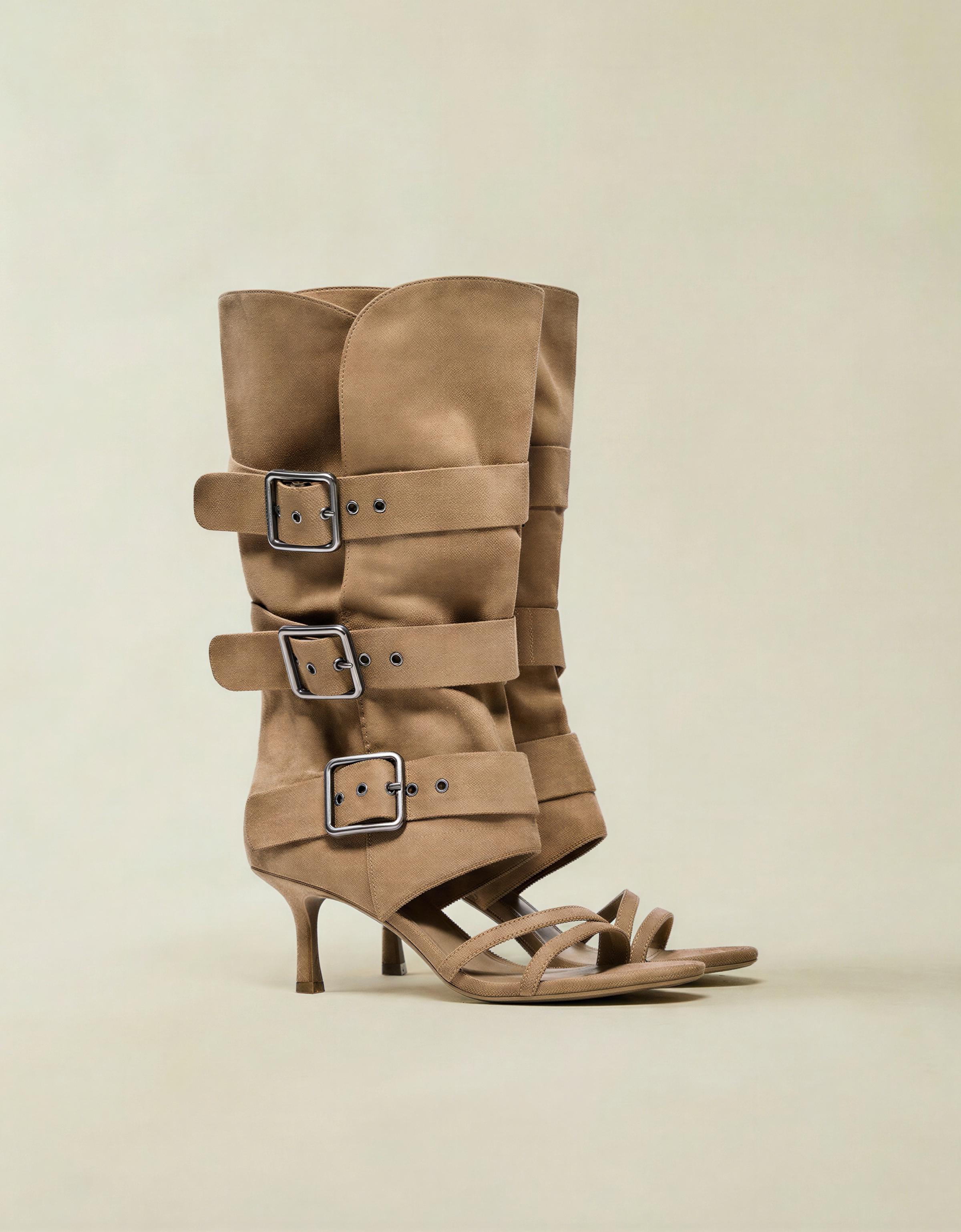 Heeled trousers sandals with buckles — BEIGE