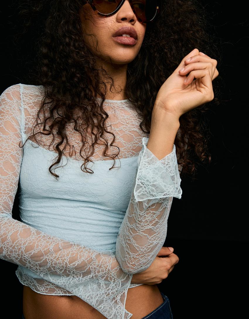 Langarmshirt mit Spitze-Blau