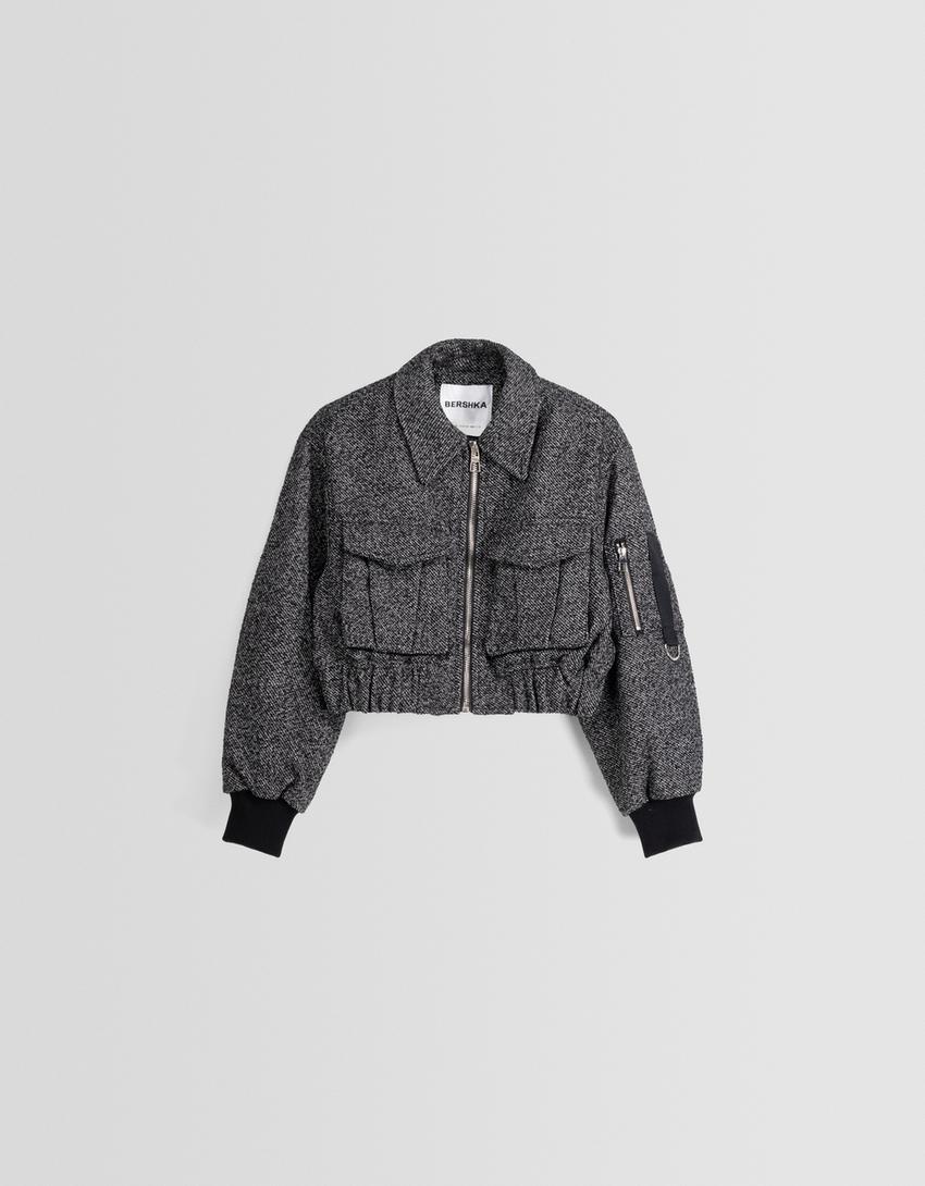 Textured weave wool blend trucker jacket-Dark grey-5