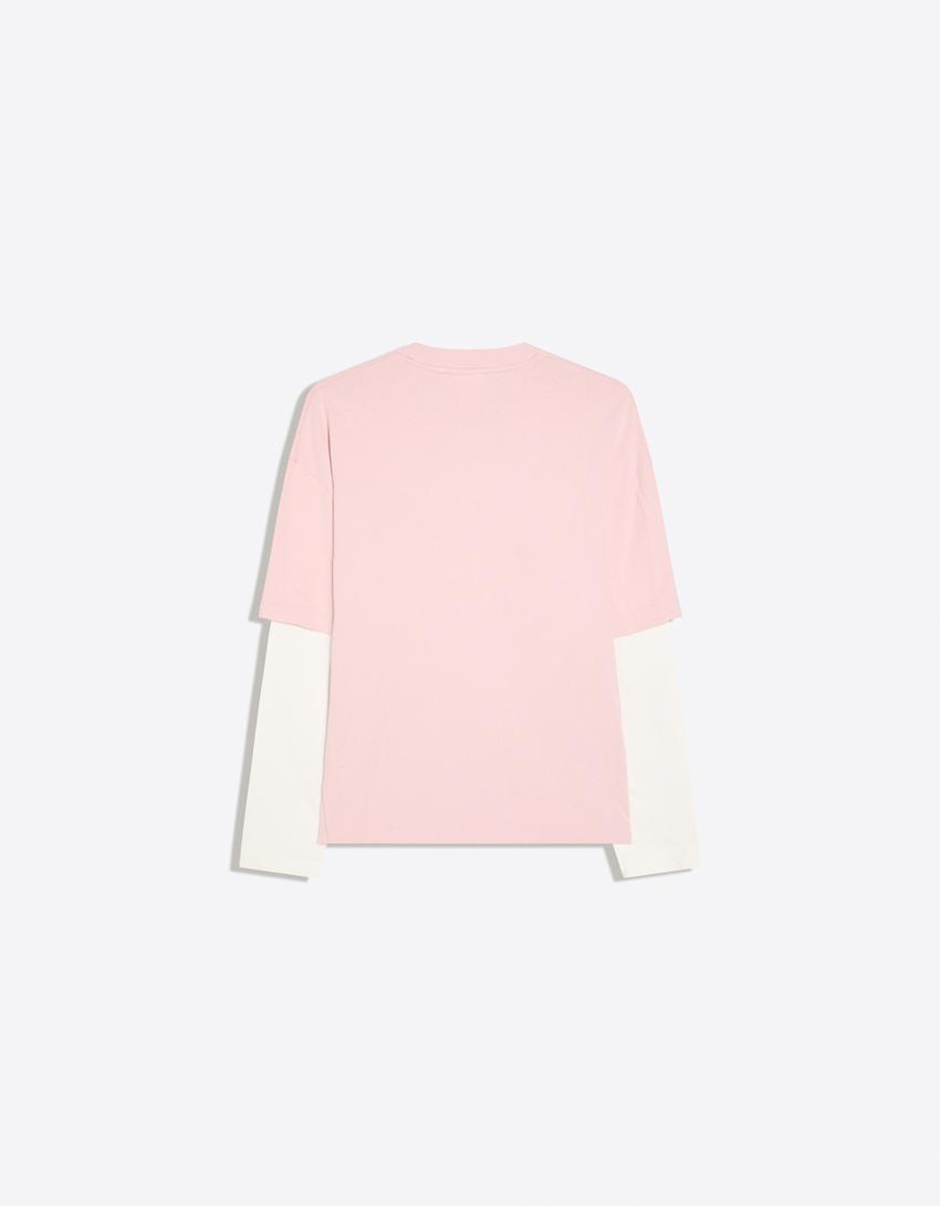 T-Shirt mit Kontrast-Doppelärmeln-Rosa
