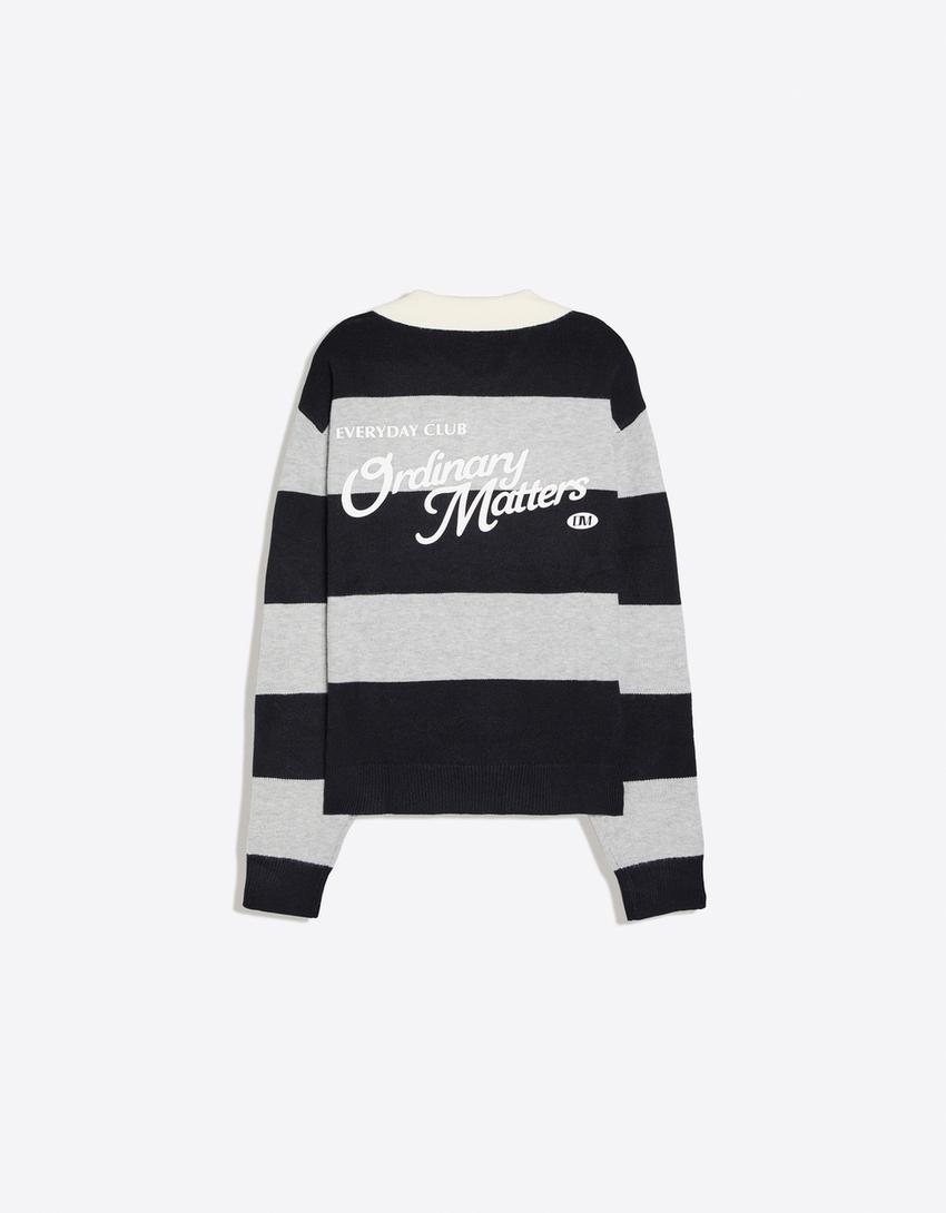 Striped contrast polo neck jumper-Navy