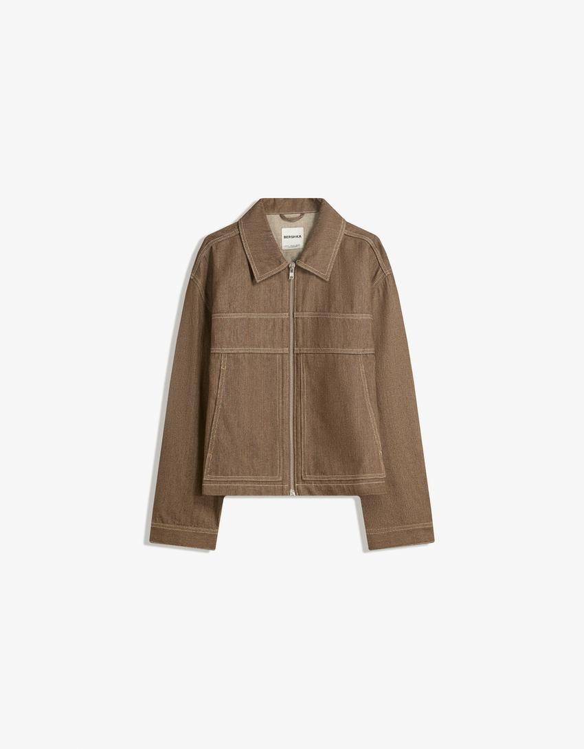 Camisa denim zíper-Marrom