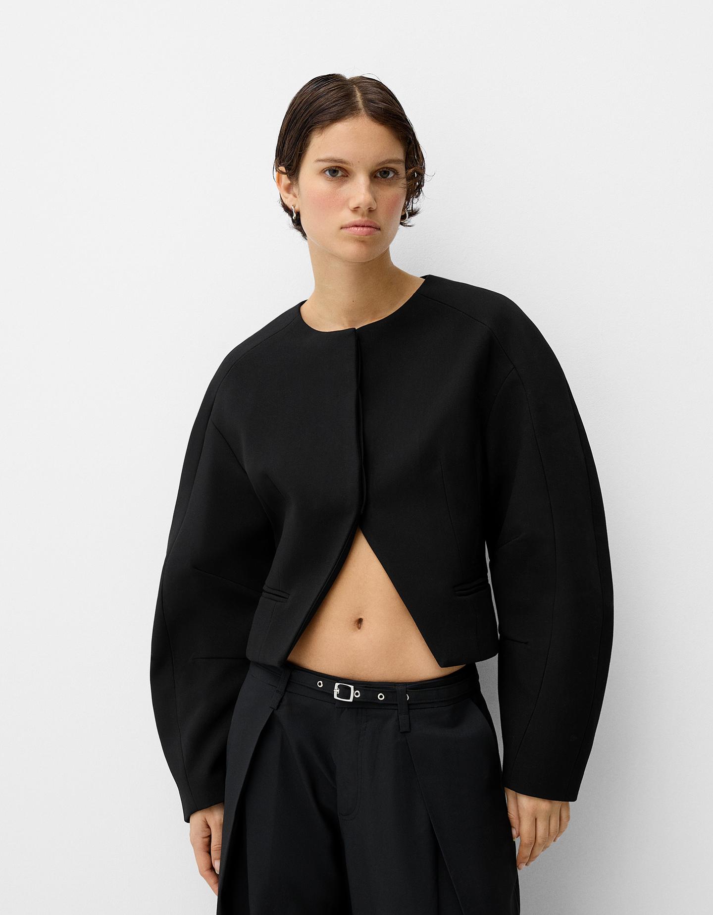 Bershka Blazer Cropped Manga Ancha Mujer S Negro