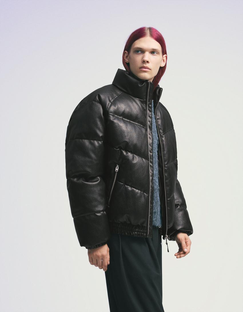 Puffy leather effect jacket-Black