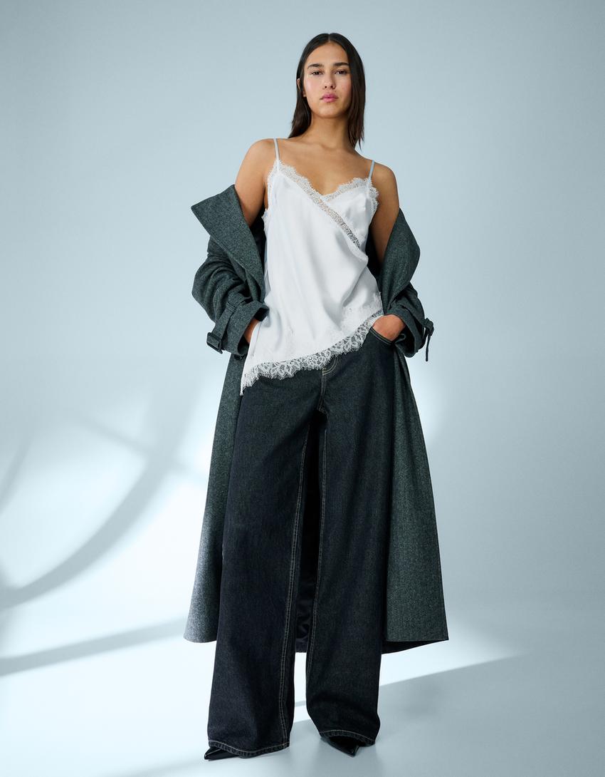 Top tirantes satén encaje asimétrico-Azul claro