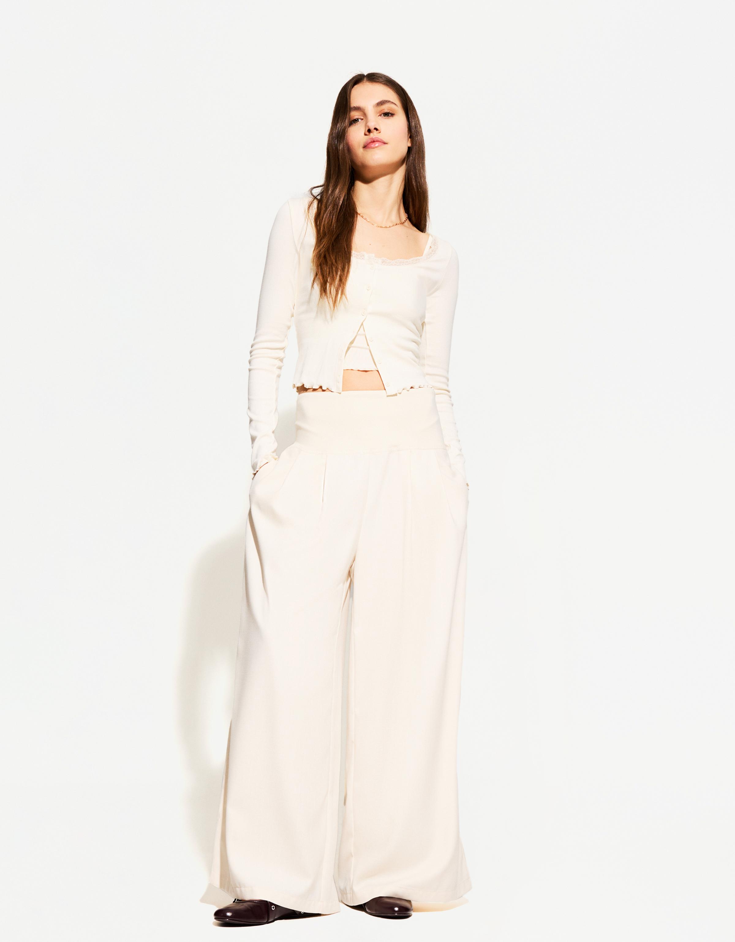 Bershka Wide-Leg-Hose Damen M Beige