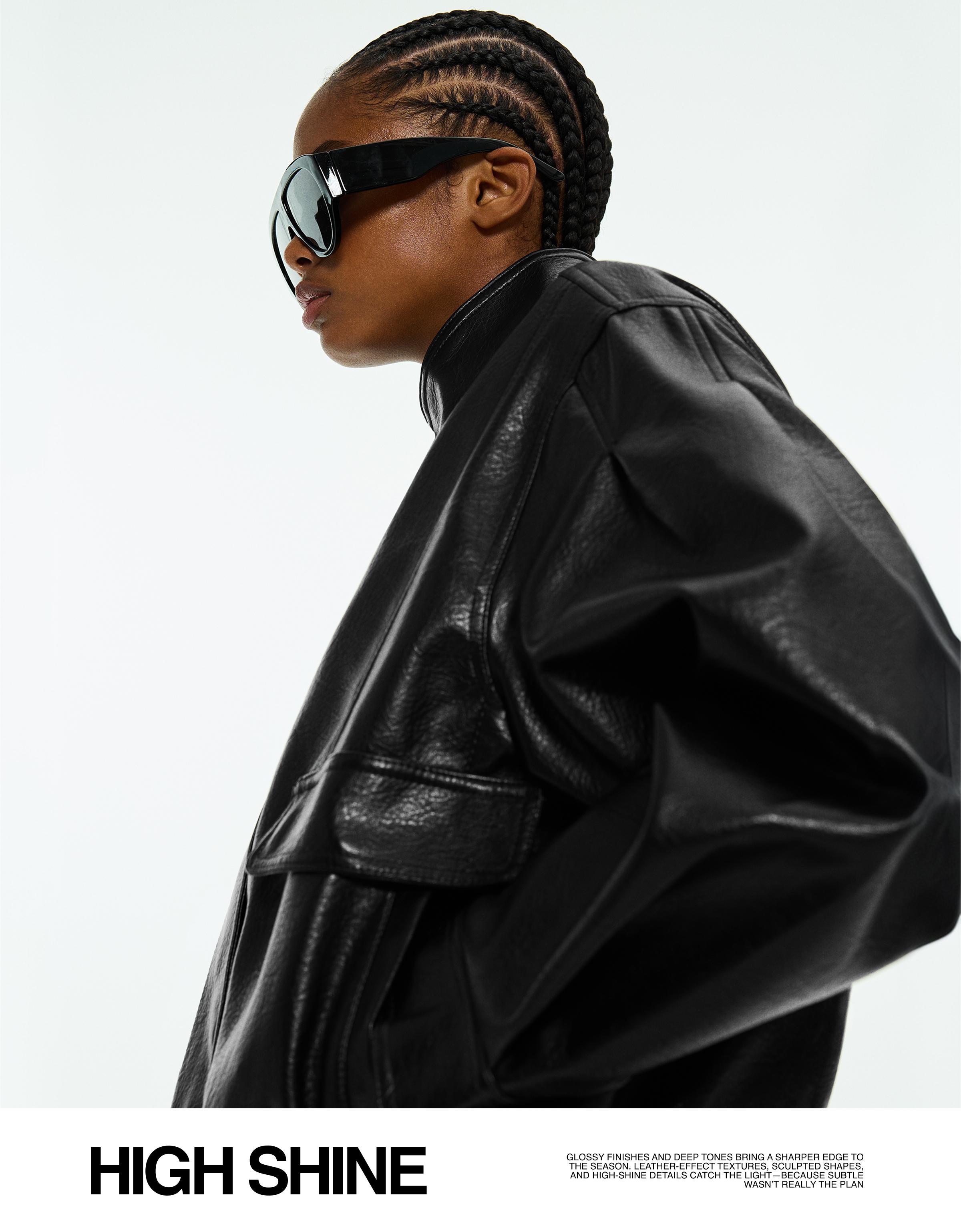 Oversize leather effect jacket with crossover collar — Black