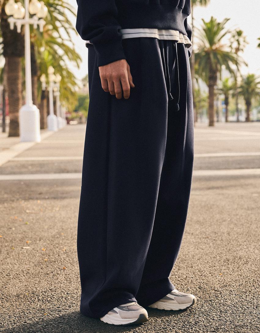 Pileli super baggy fit pantolon-Denizci mavisi