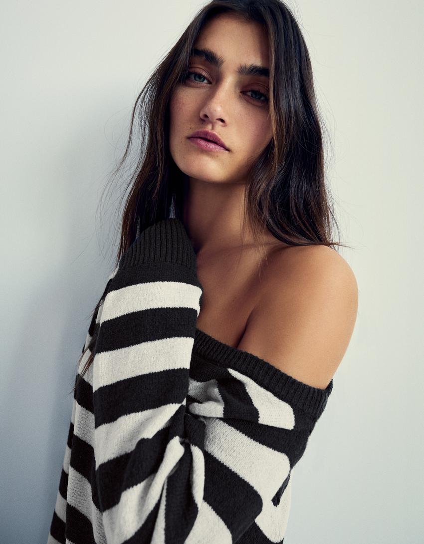 Asymmetric rustic stripe jumper-Blue