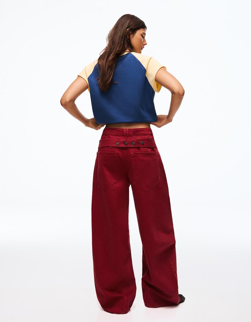 Barrel trousers with back buckle-Red