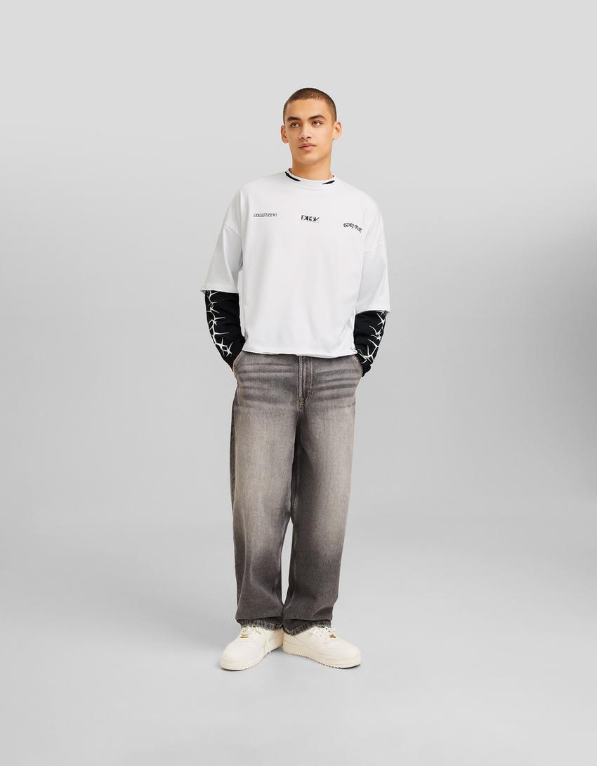 تيشرت قياس كبير بأكمام طويلة وطبعة-أبيض / أسود-3