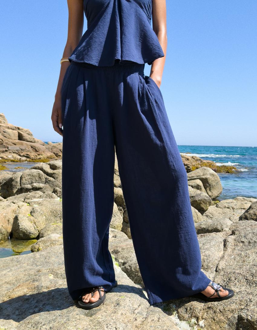 Pantalon wide leg rustique pinces-Marine-2