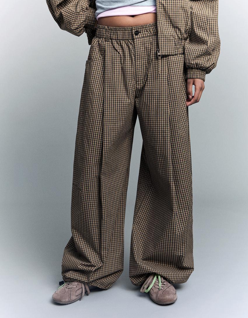 Checked parachute trousers-Camel
