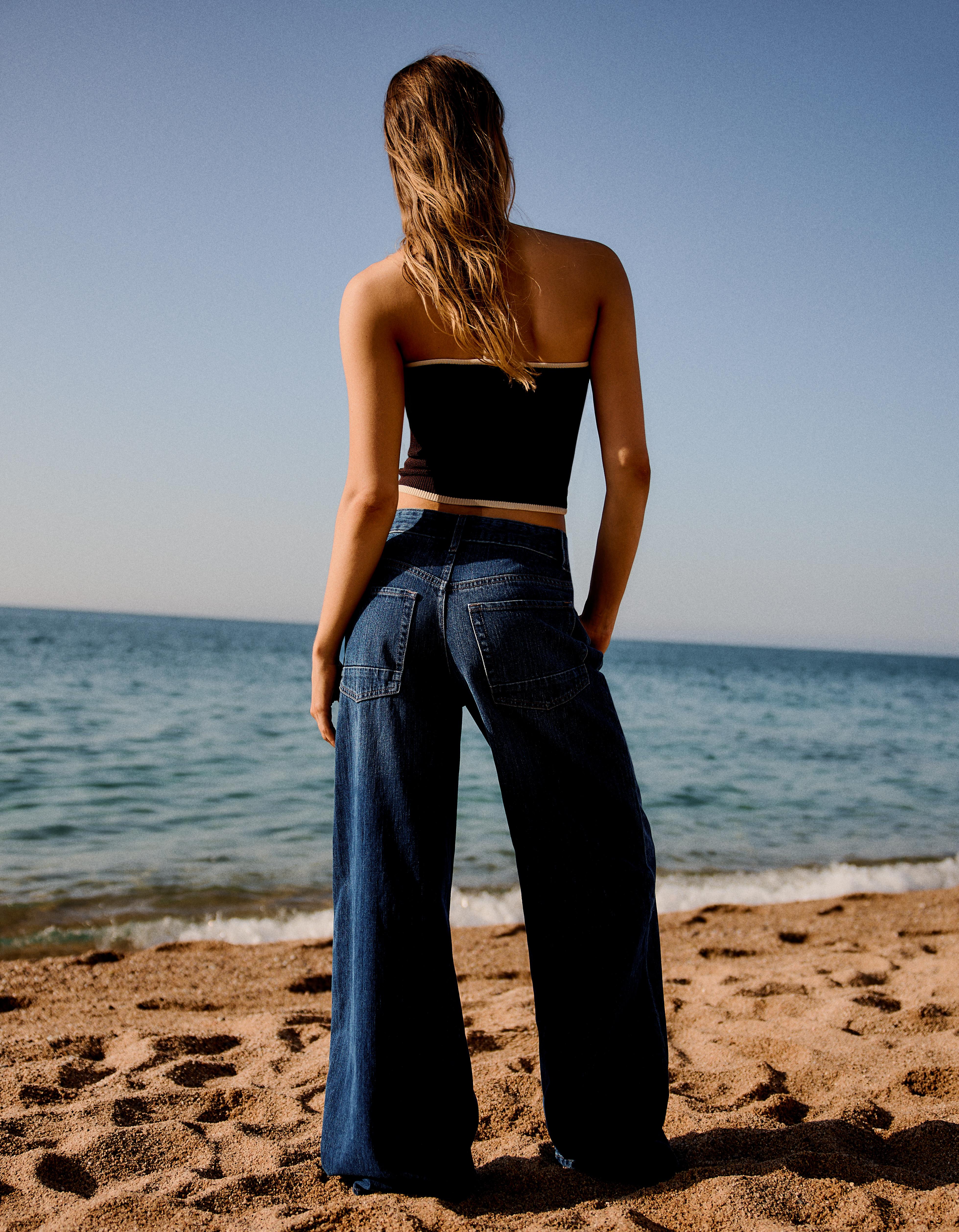 Low-rise straight-leg jeans with crossover waist — Blue