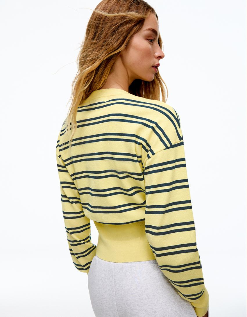 Striped crew neck button-up jacket-Yellow