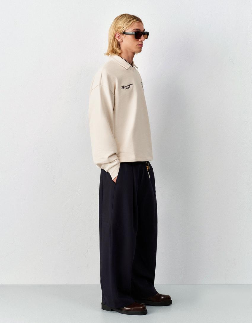 Long sleeve printed polo shirt-Cream