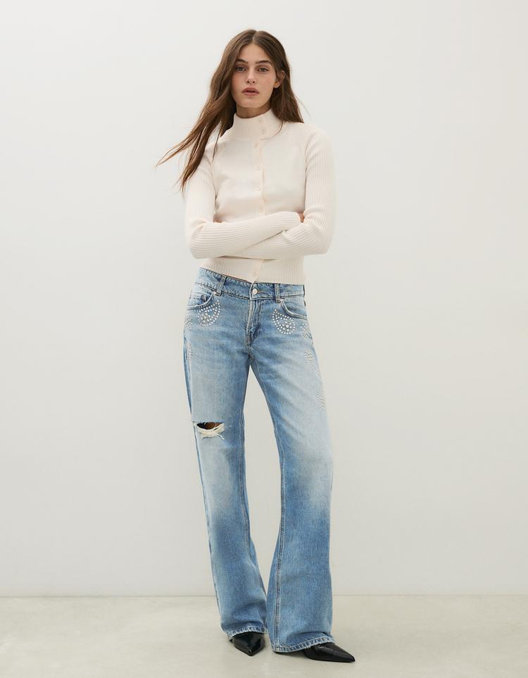 Mid-waist straight-leg studded jeans — Light blue