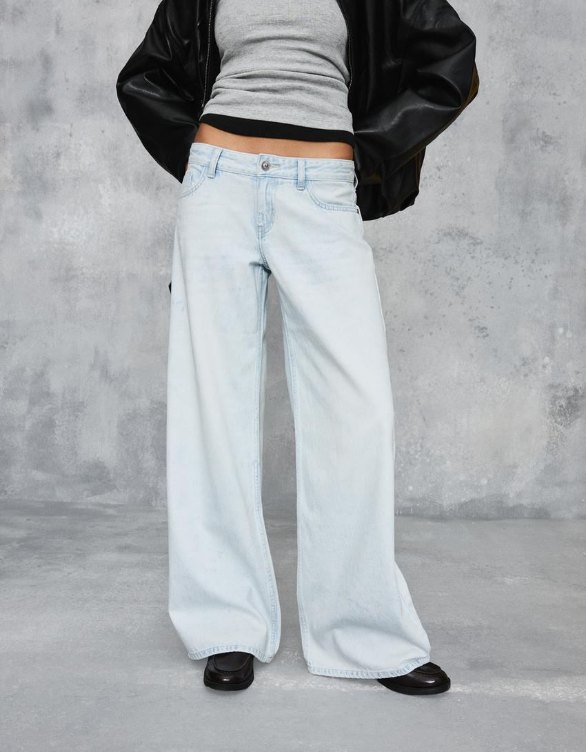 Düşük bel geniş paça jean-Açık mavi