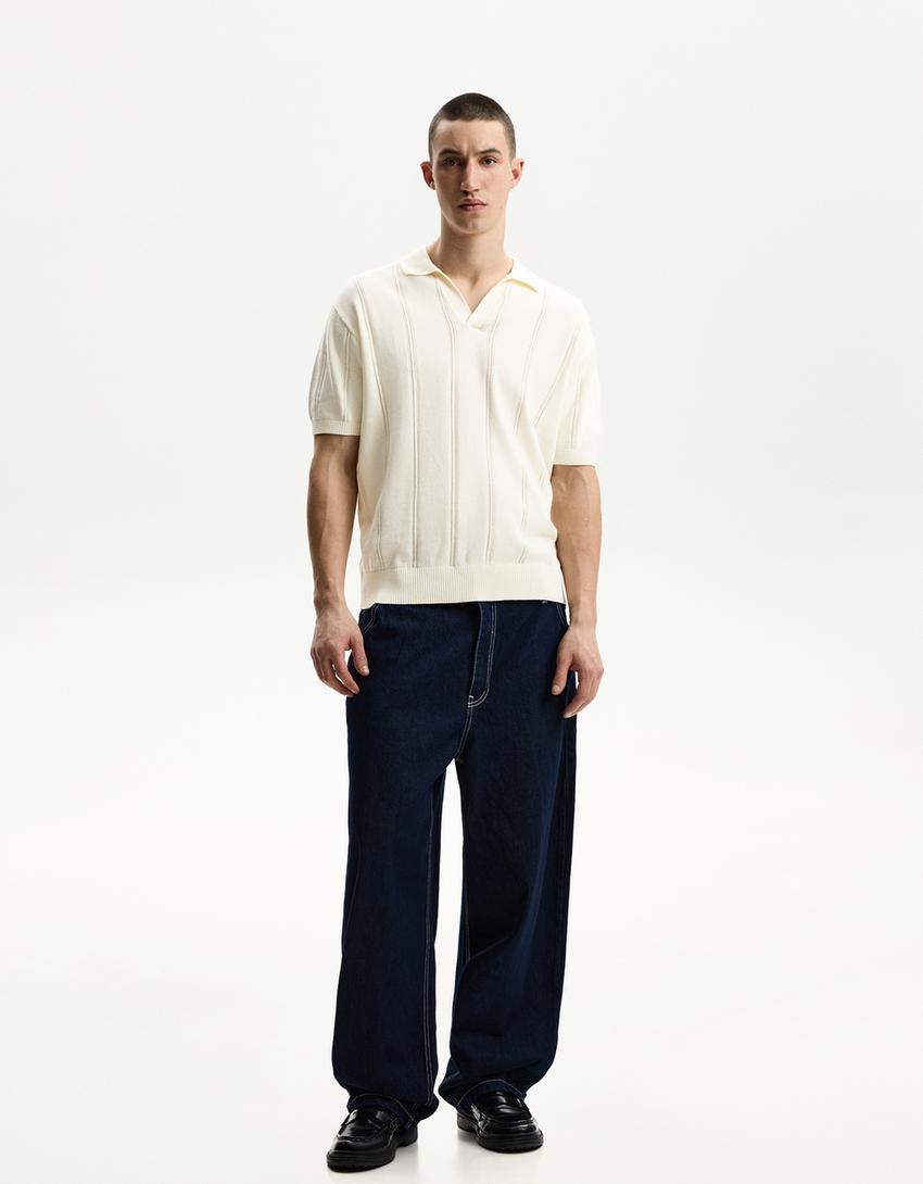 Textured short sleeve polo shirt-Off white