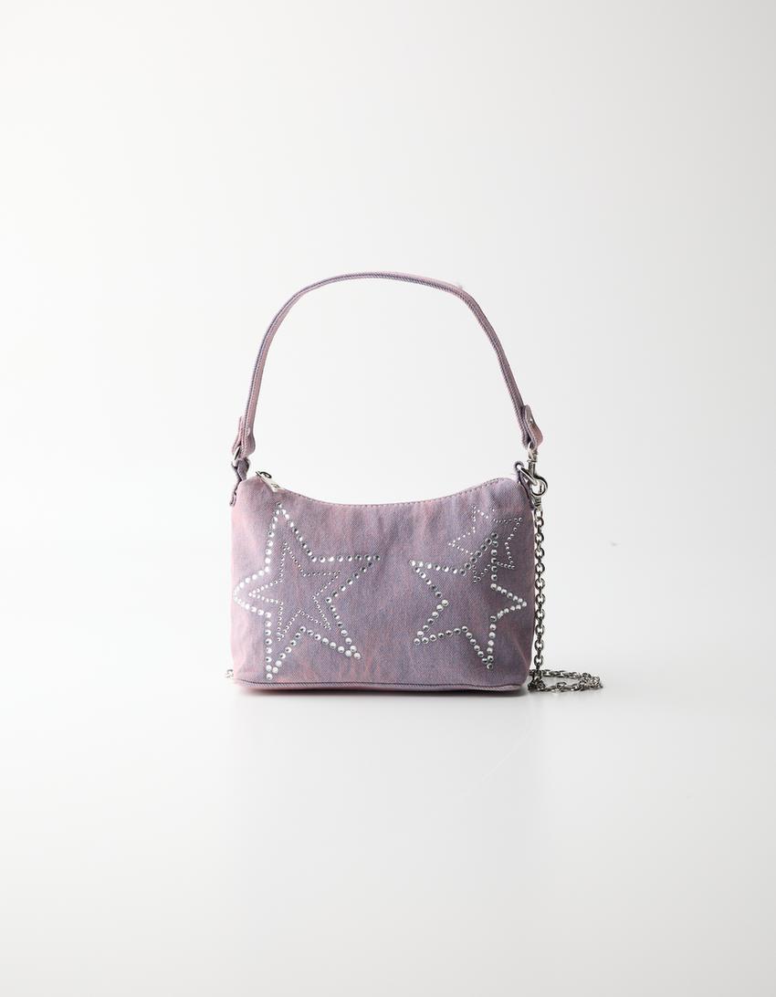 Denim bag with rhinestone stars-Pink-4