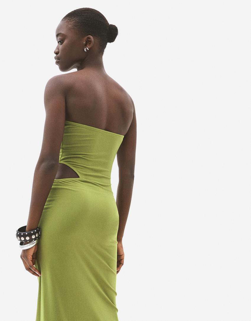 Gathered bandeau neckline midi dress-Green