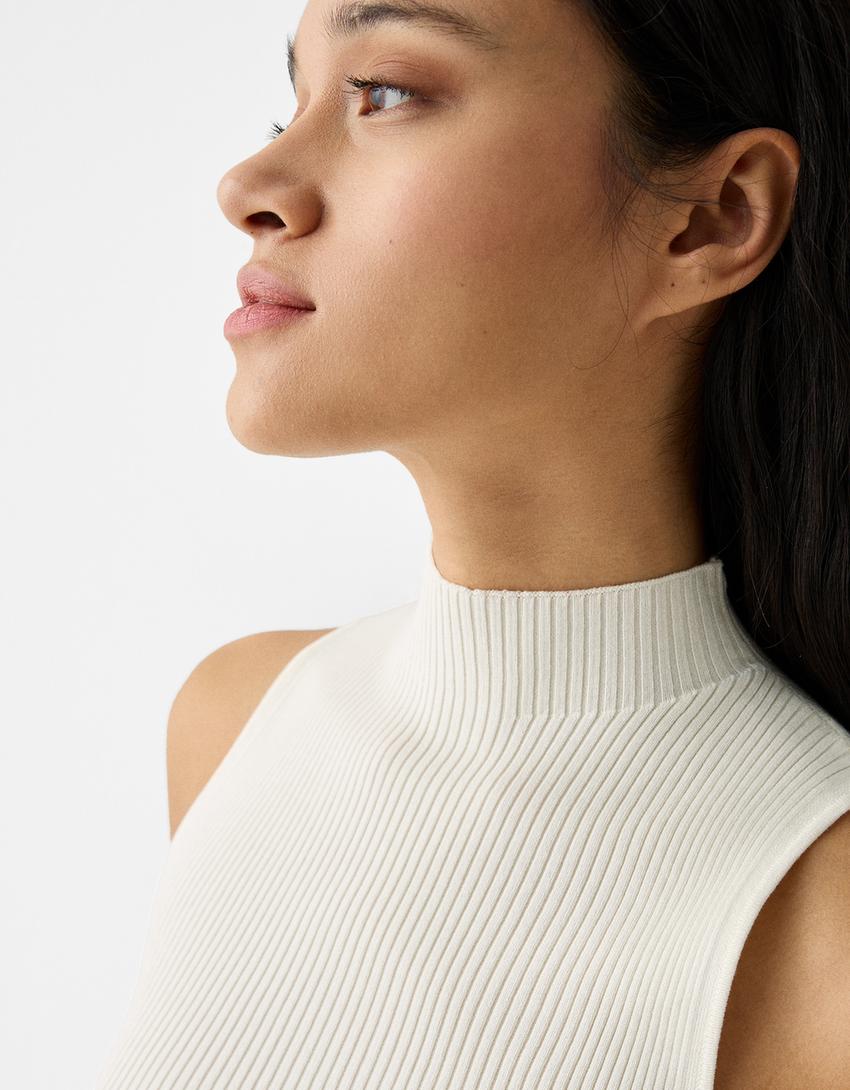 Top sans manches col montant maille-Écru-5