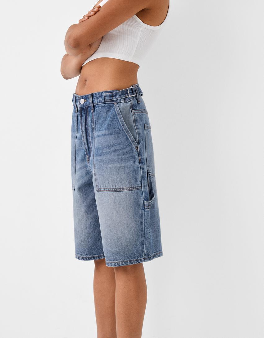 شورت برمودا دنيم بقصة بالون وساق عريضة-أزرق فاتح-3