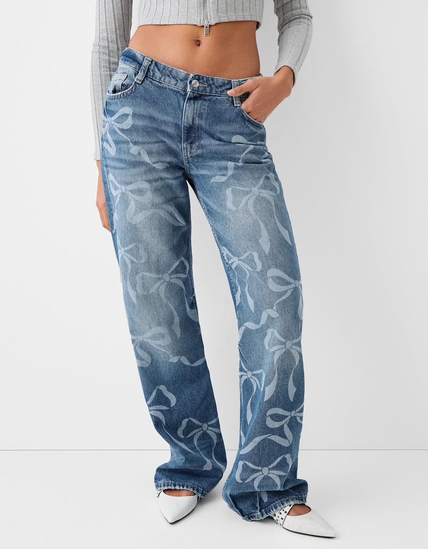 Baggy jeans with printed bows-Blue-1