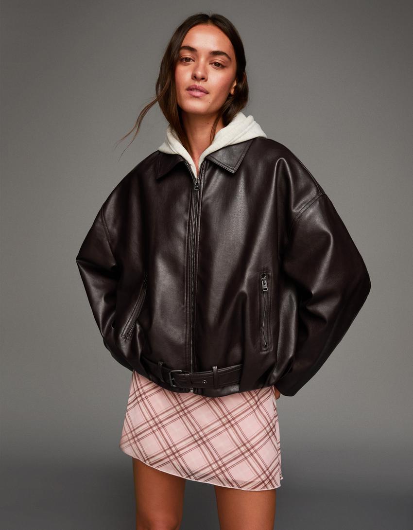 Blouson bomber similicuir ceinture-Marron-2
