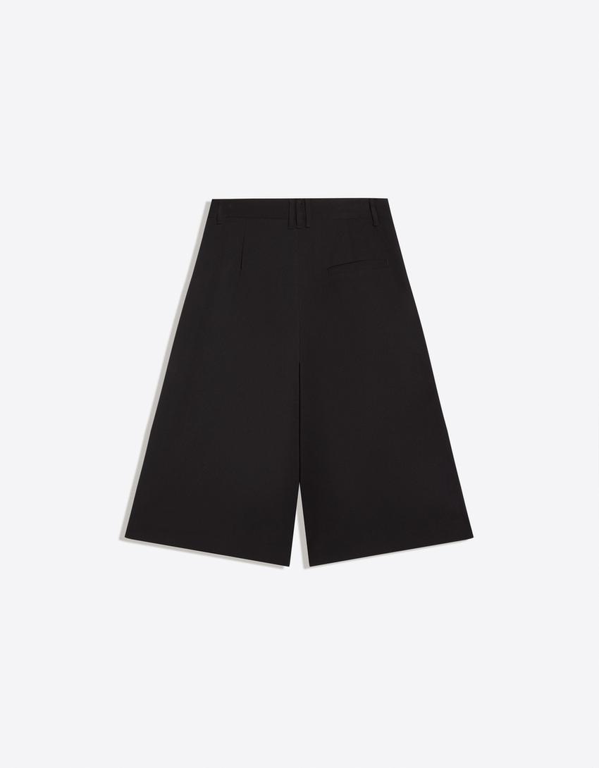 Kruvaze düğmeli culotte pantolon bermuda-Siyah