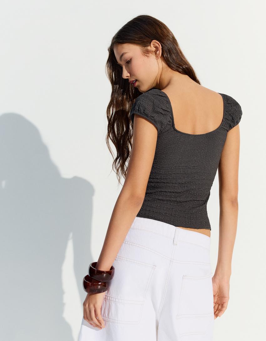 Short sleeve waffle-knit T-shirt-Dark grey